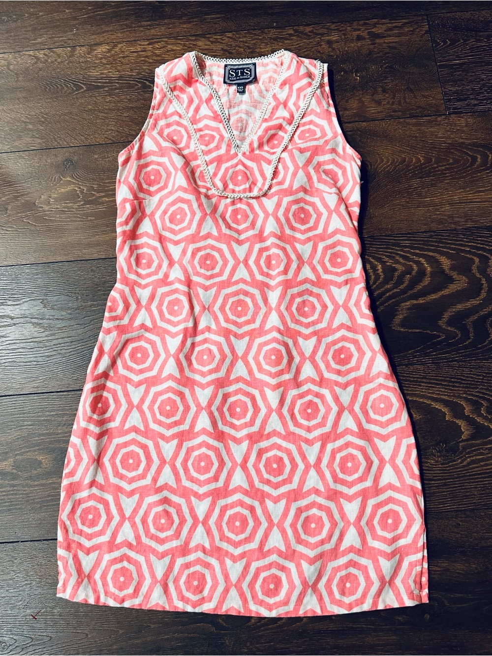 Sail to Sable Linen Coral and White Geometric V-Neck Sleeveless Mini Dress